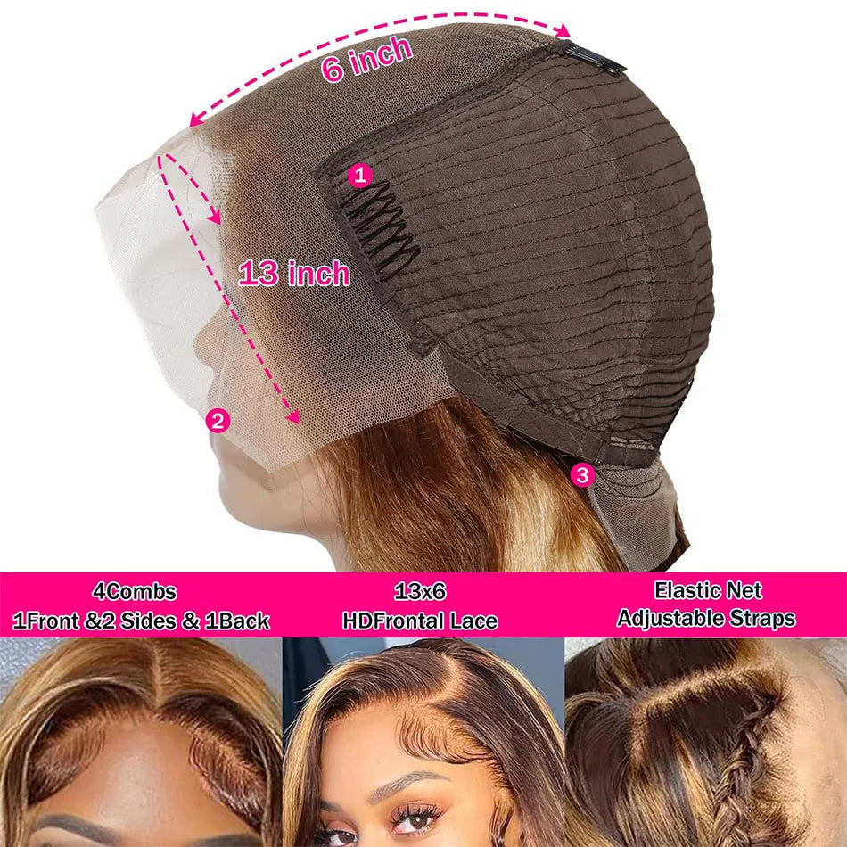 4/27 Highlight Ombre Wig Human Hair Body Wave 13x6 Lace Front Wig Pre Plucked Transparent Lace Frontal Wigs 200% Density 30 Inch