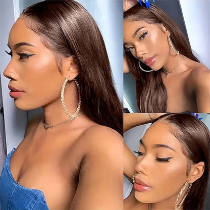 Chocolate Brown Bone Straight Front Lace Wig 13x6 Transparent Lace Frontal Wig 13x4 HD Lace Pre-Plucked Brazilian Human Hair Wig