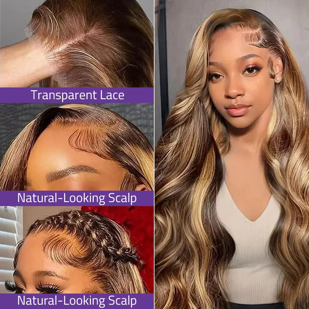 4/27 Highlight Body Wave Wig 36 Inch Brazilian Human Hair Lace Wig 13x6 Hd Transparent  Lace Front Wig 200 Density   For Women .