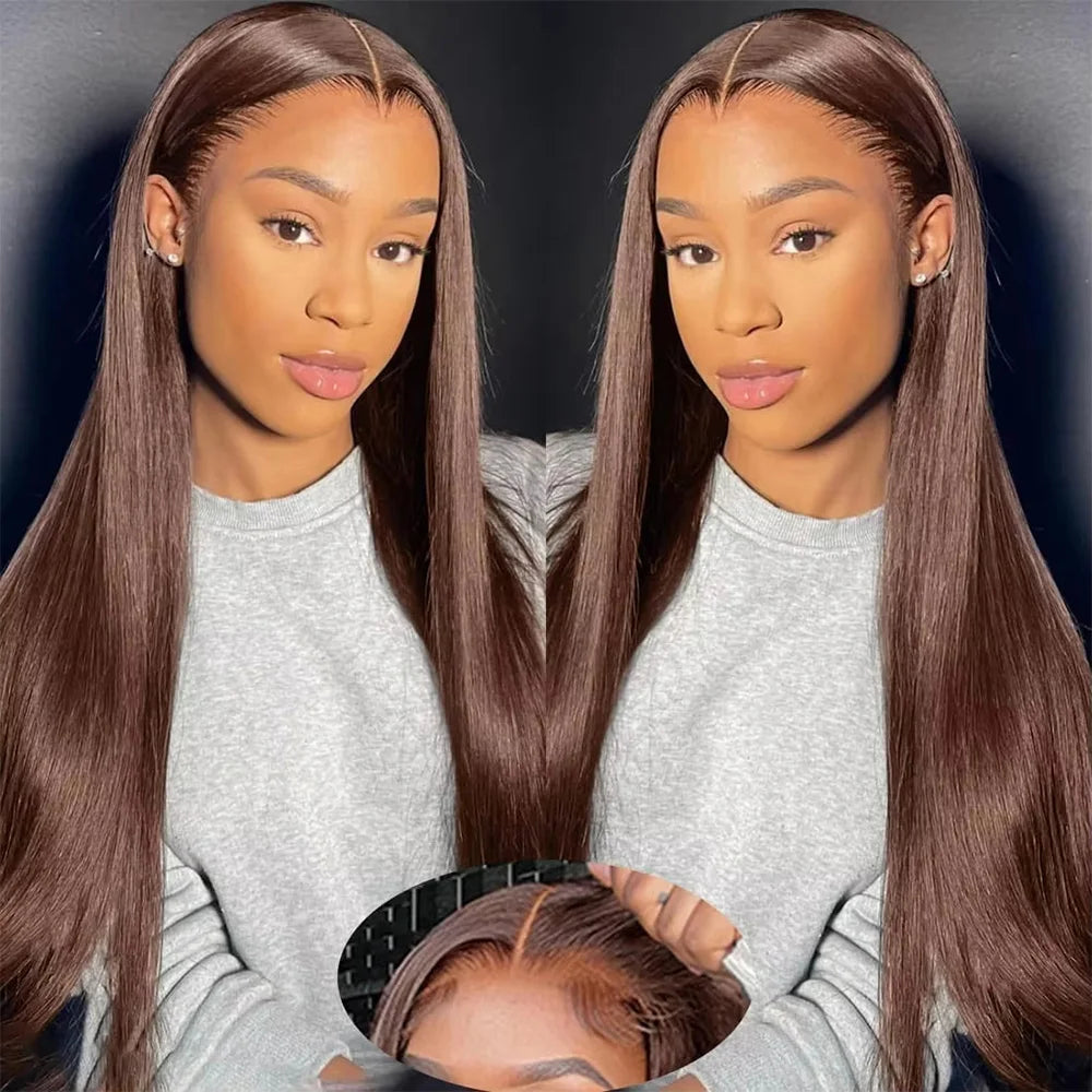 Chocolate Brown Bone Straight Front Lace Wig 13x6 Transparent Lace Frontal Wig 13x4 HD Lace Pre-Plucked Brazilian Human Hair Wig