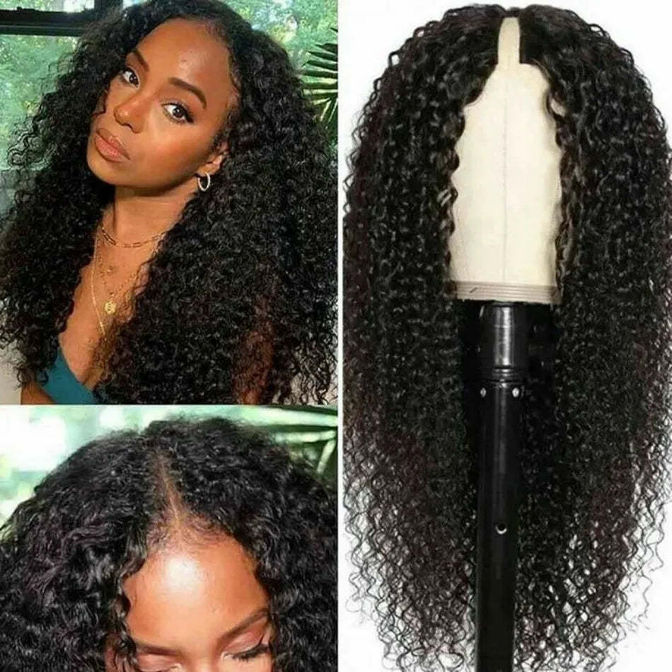 Curly V Part Wigs Human Hair Brazilian For Black Women Upgrade U Part Wigs No Sew No Glue 220% Density Human Hair Wigs Deep Wave