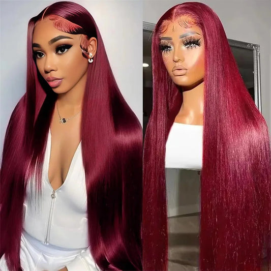 #99J Bone Straight Burgundy Human Hair Lace Front Wigs 13x4 and 13x6 HD Transparent Lace Frontal 40 Inch Colored Wigs For Women