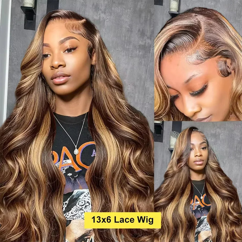 18-40 Inch Body Wave P4/27 Highlight 13x4 Frontal Lace Wig Pre-plucked 200% Density Human Hair 13x6 Lace Front Honey Blonde Wig