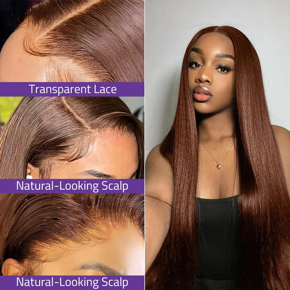13x4 Transparent Lace Front Wigs Chocolate Brown Straight Human Hair Wig For Women 13x6 Hd Lace Frontal Wig Can Curled And Dyed.