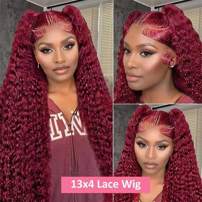 99J Burgundy 18-38 Inch Deep Wave Wig 13x6 Lace Front Curly Wig Red Wine Color Wave Wig 13x4 HD Transparent Lace Human Hair Wig.