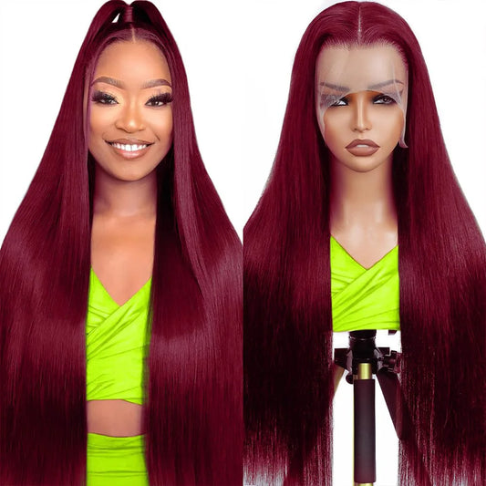 99J Burgundy Bone Straight Transparent Lace Wig 13x4 13x6 HD Lace Front Human Hair Wig Pre-Plucked 18-40 Inch Brazilian Hair Wig