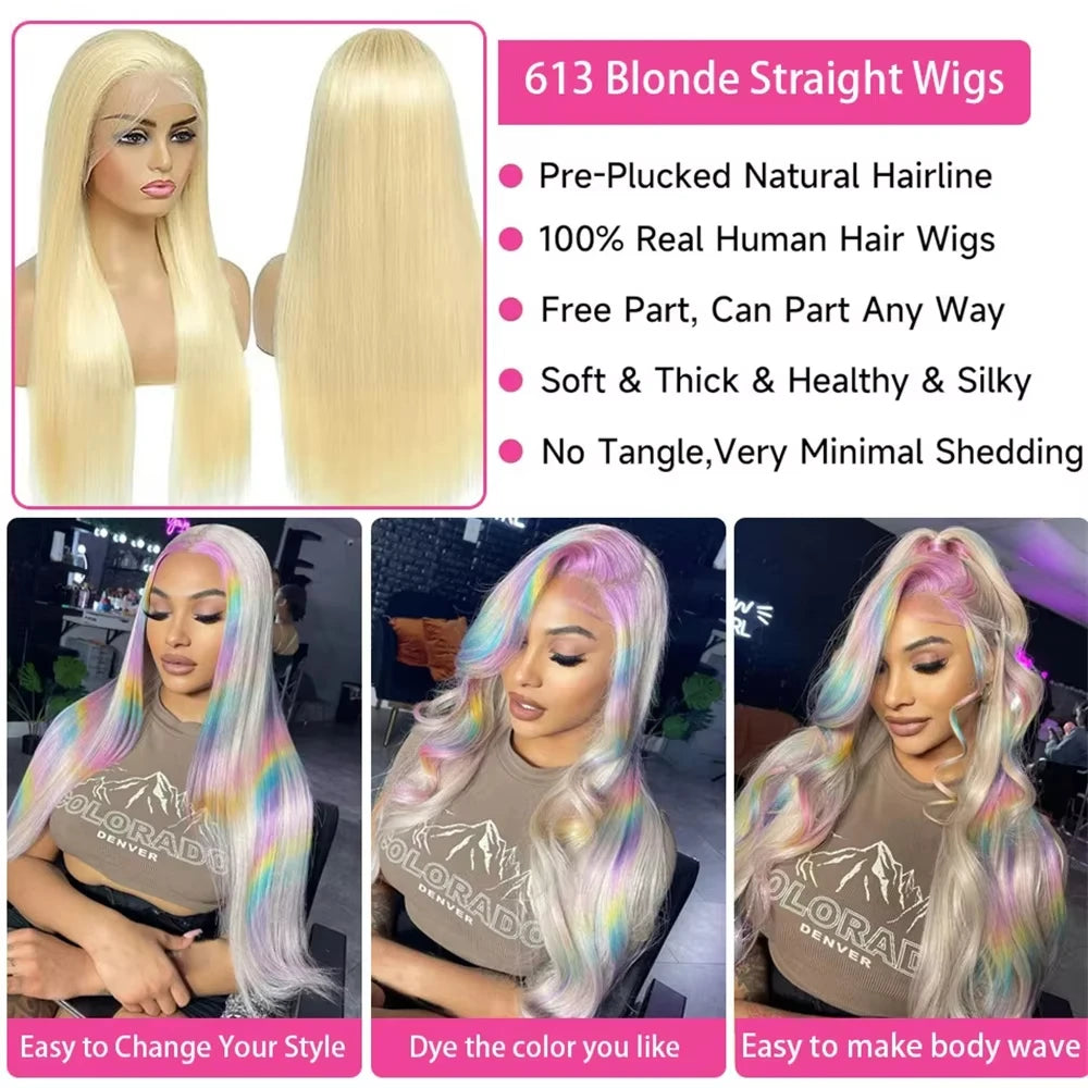 18-40 Inch 613 Blonde Lace Wig 13X6 HD Frontal Lace Bone Straight Wig 13X4 Transparent Lace Frontal Wig 100% Human HairFor Women