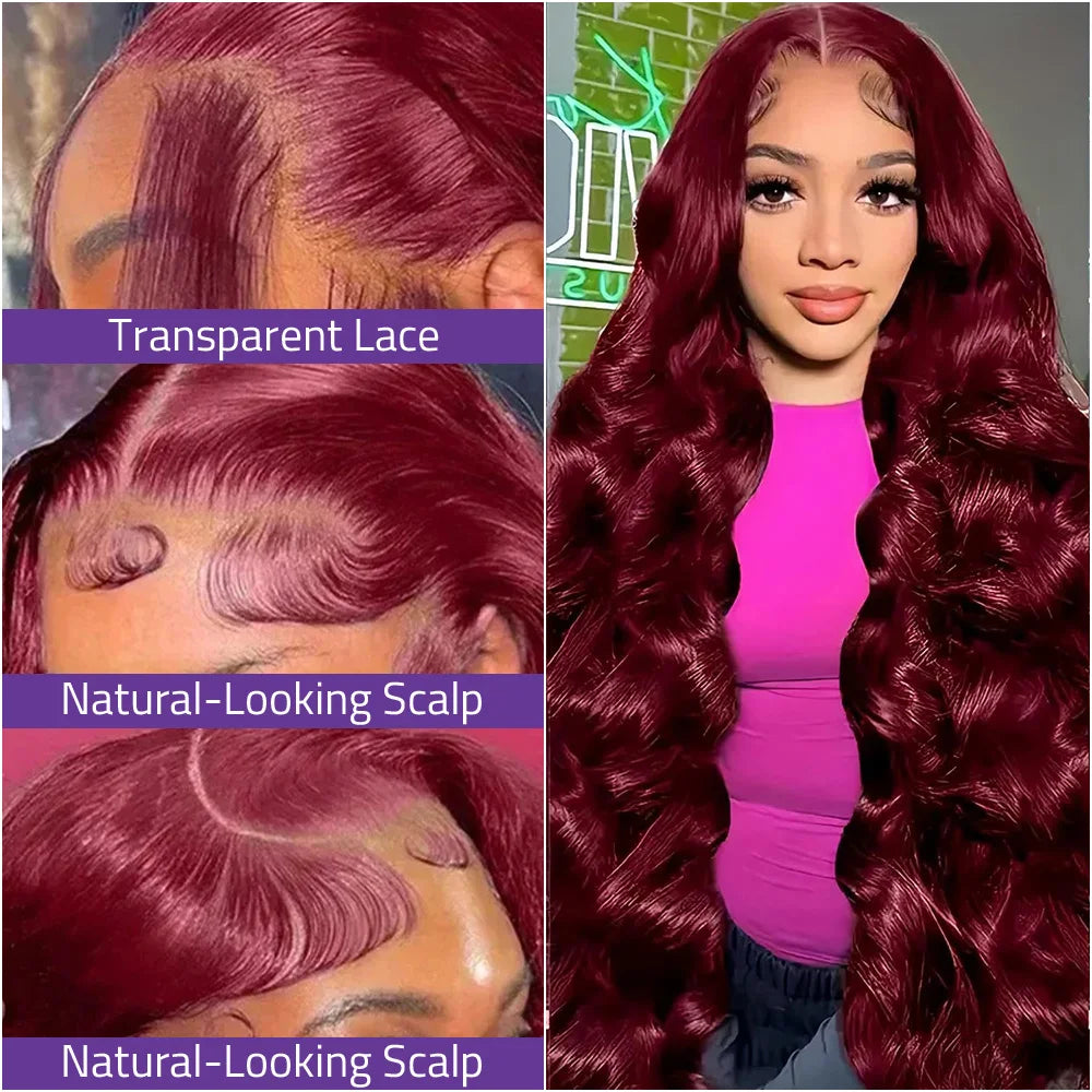 99j Burgundy Body Wave Lace Wig 13x6 Transparent Lace Front Human Hair Wig 13x4  HD Lace 18-40 Inch Brazilian Hair Wig For Women