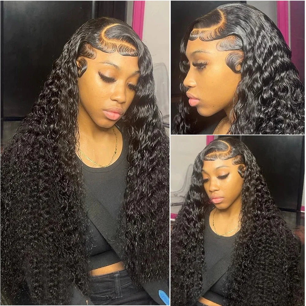 40 Inch 5x5 Glueless Lace Black Curly Wigs 13x6 HD Frontal Lace Wigs Deep Wave 200 Density Pre-Plucked Human Hair Wigs For Women