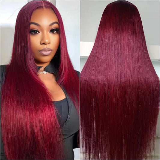 Bone Straight 99j Burgundy 13x6 HD Lace Front 100% Human Hair Wig Pre Plucked Lace Colored 13x4 Hd Lace Frontal Wigs for Women