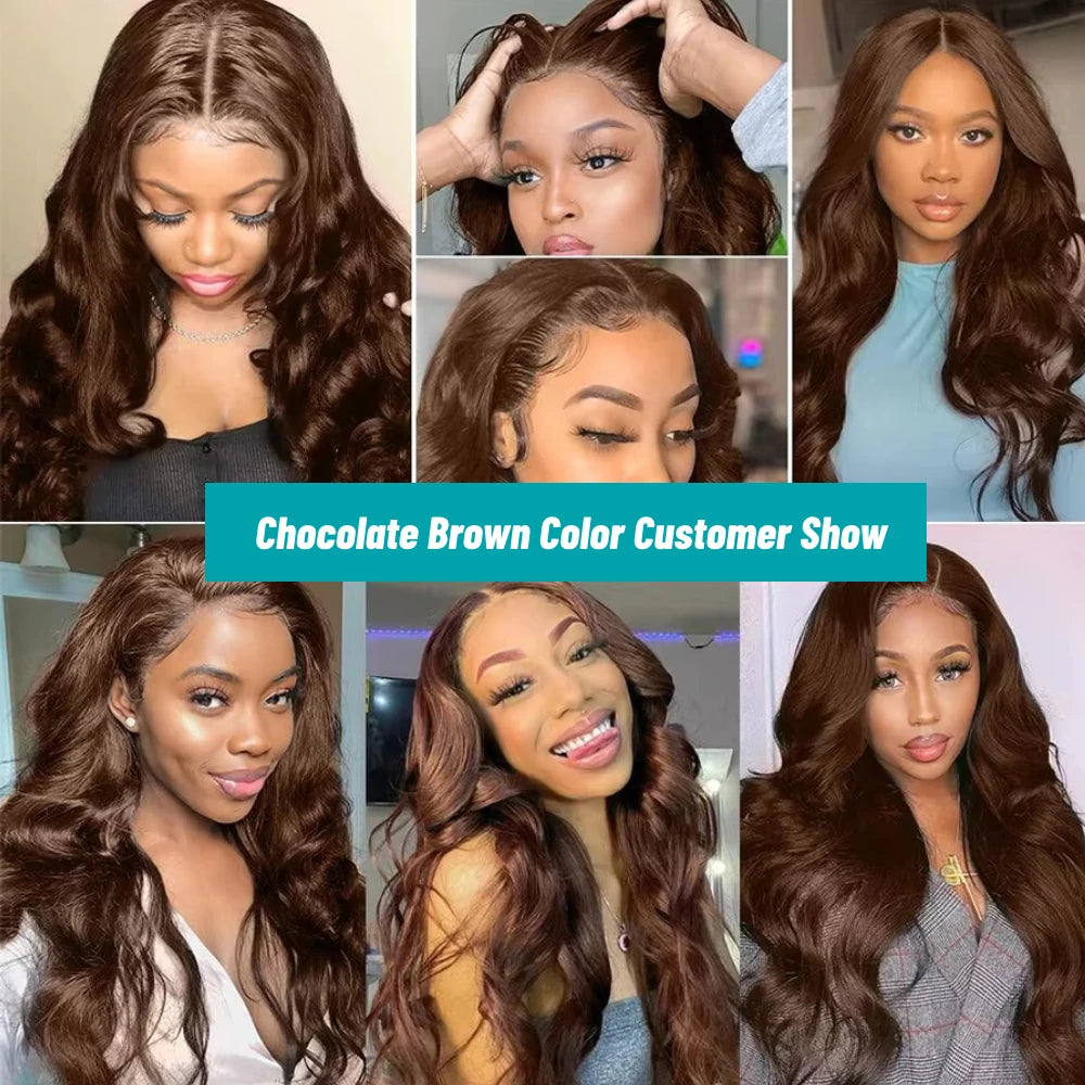 200 Density 13x6 HD Chocolate Brown Body Wave Lace Front Wig Human Hair Pre Plucked #4 Brown 13x4 Transparent Lace Frontal WigS