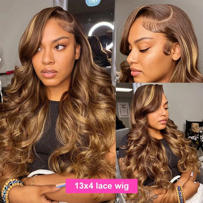 36 Inch Highlight Body Wave Human Hair Wig P4/27 Honey Blonde 13x6 HD Lace Frontal Wig 13x4 Lace Front Wig Curly Wig 200 Density
