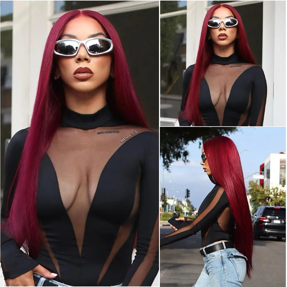 Straight Wig 99j Burgundy 13x6 Frontal Lace Wig Brazilian Human Hair Preplucked Frontal Wig HD Transparent Lace Human Hair Wig .