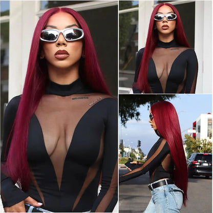 Straight Wig 99j Burgundy 13x6 Frontal Lace Wig Brazilian Human Hair Preplucked Frontal Wig HD Transparent Lace Human Hair Wig .