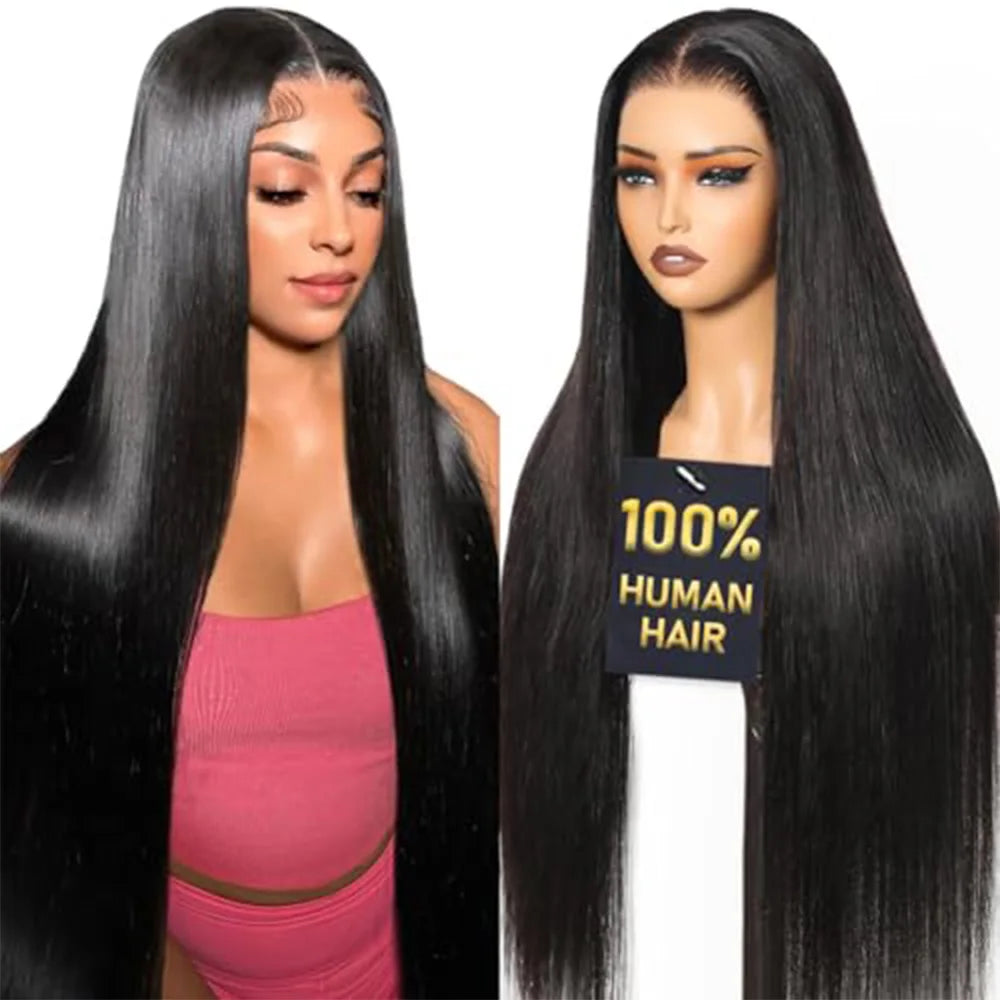 100% Brazilian Human Hair Natural Black Wigs 13x6 Transparent Lace Bone Straight Wig 40 Inch 13x6 HD Lace Frontal Wigs For Women