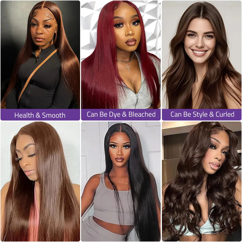 40 Inch Bone Straight Chocolate Brown Wig 13x6 HD Lace Frontal Wig 100% Pre-Plucked Human Hair 13x4 Lace Front Brown Colored Wig