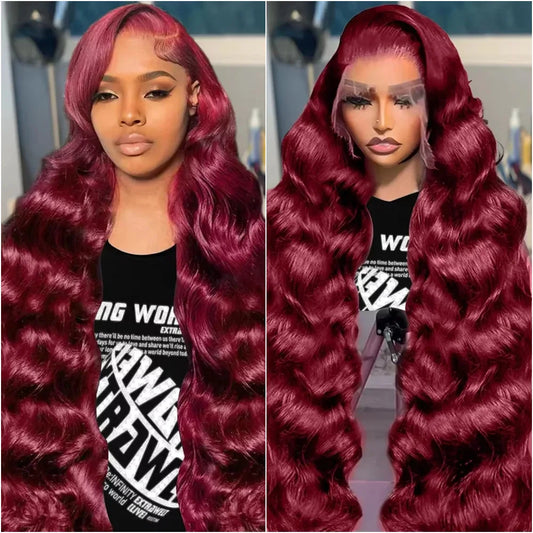 99j Burgundy Body Wave Lace Wig 13x6 Transparent Lace Front Human Hair Wig 13x4  HD Lace 18-40 Inch Brazilian Hair Wig For Women