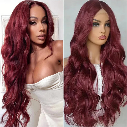 99J Body Wave Human Hair Lace Wig 13X4 HD Lace Frontal 200 Density Wig 13x6 Transparent Front Lace Red Wine Colored 40 Inch Wig