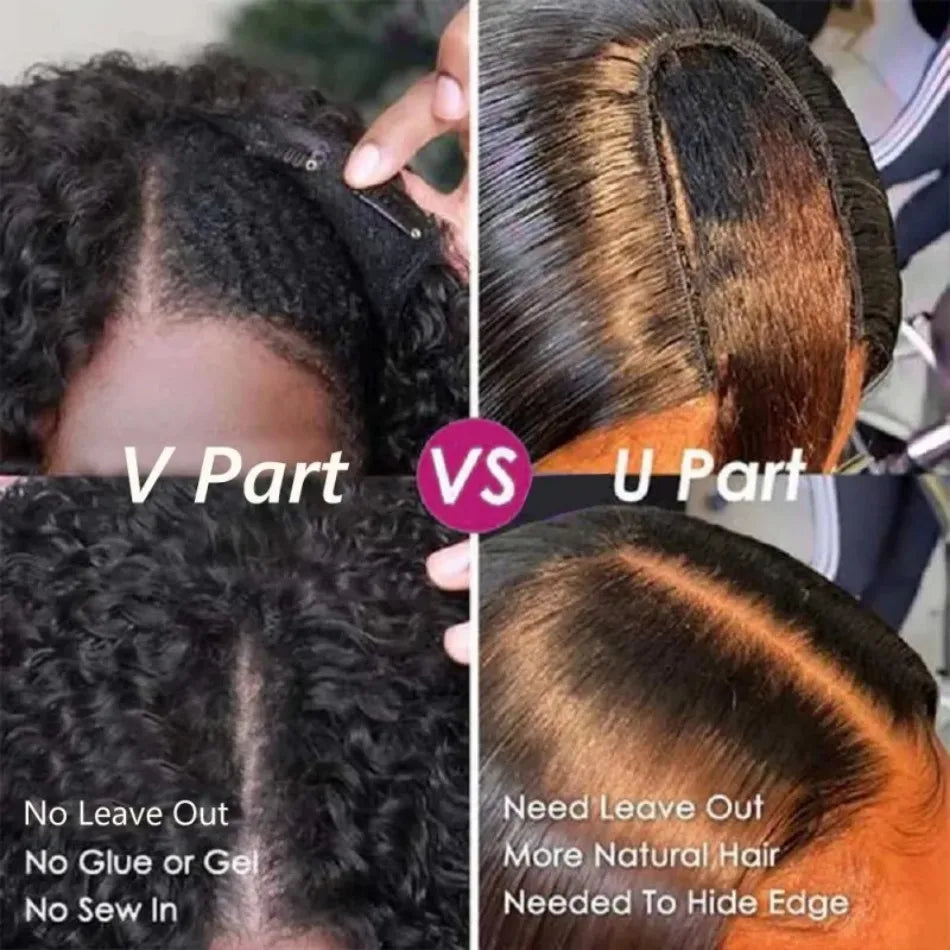 Curly V Part Wigs Human Hair Brazilian For Black Women Upgrade U Part Wigs No Sew No Glue 220% Density Human Hair Wigs Deep Wave