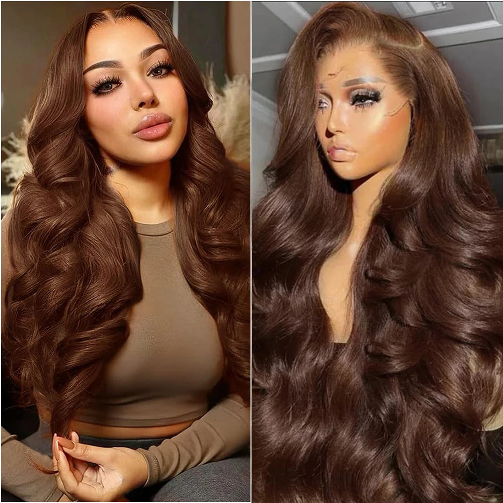 200 Density 13x6 HD Chocolate Brown Body Wave Lace Front Wig Human Hair Pre Plucked #4 Brown 13x4 Transparent Lace Frontal WigS