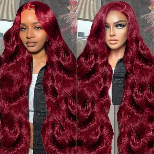 Burgundy Red #99J 13x6 HD Lace Frontal Wigs 100%  Pre-Plucked Brazilian Human Hair 13x4 Transparent Lace Frontal Body Wave Wigs