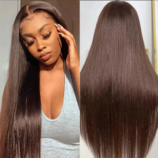 40 Inch Chocolate Brown Straight 13x4 HD Lace Front Wig 100% Human Hair 13x6 Transparent  Lace Frontal Wig Pre-Plucked Brown Wig