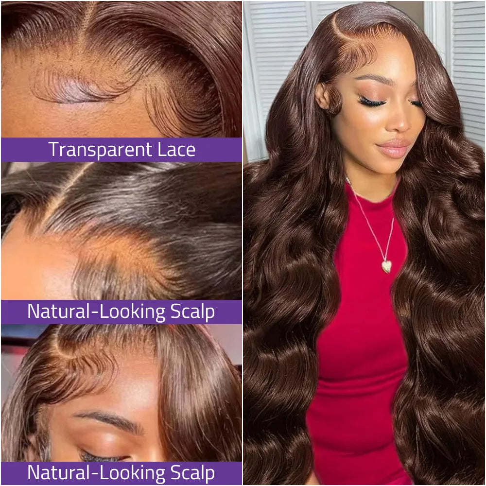 13x6 Chocolate Brown Color Front Lace Wig 40 Inch Body Wave Lace Frontal Wigs 100% Pre-plucked Human Hair 13x4 HD Front Lace Wig