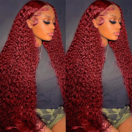 99J Burgundy 18-38 Inch Deep Wave Wig 13x6 Lace Front Curly Wig Red Wine Color Wave Wig 13x4 HD Transparent Lace Human Hair Wig.