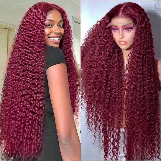 99J Burgundy Deep Curly Lace Wig 13X6 Transparent Frontal Lace Colored Wig 13X4 HD Lace 220 Density Wig 100% Human Hair Lace Wig