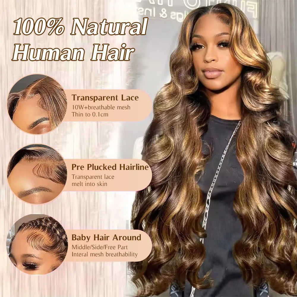 Blonde Highlight Body Wave Lace Wig 13X4 13x6 HD Transparent Lace Frontal 100% Human Hair Wig For Women Hightlight P4/27 Wig .