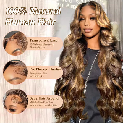 Blonde Highlight Body Wave Lace Wig 13X4 13x6 HD Transparent Lace Frontal 100% Human Hair Wig For Women Hightlight P4/27 Wig .