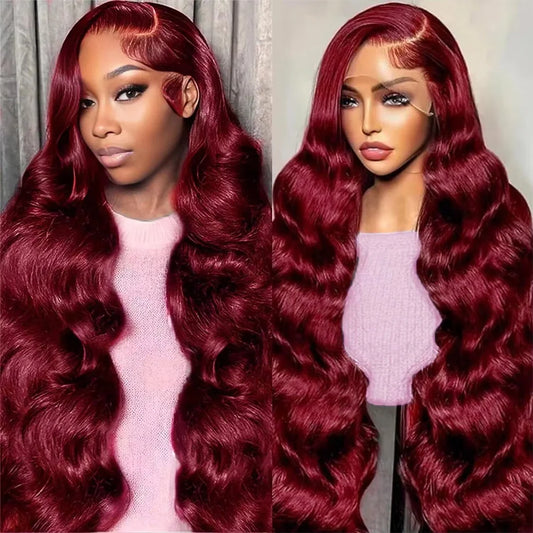 13x6 HD Lace Front Human Hair WigS,#99J Burgundy Pre-plucked Body Wave Human Hair 13x4 Transparent Lace Frontal Wigs For Women.