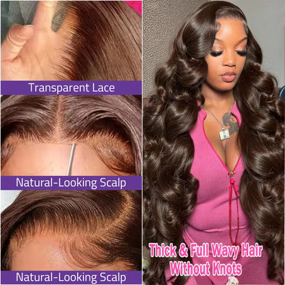 40Inch Chocolate Brown Body Wave Lace Wig 13x4 HD Lace Front Brazilian Human Hair Wig 13x6 Transparent Lace Front 200Density Wig