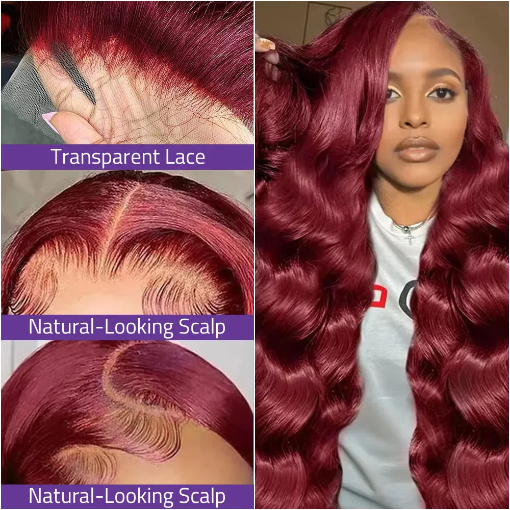 #99J Burgundy Body Wave Lace Wigs 13x6 Transparent Lace Front Human Hair Wigs 40 Inch 13x4 HD Lace Frontal Red Wine Colored Wigs