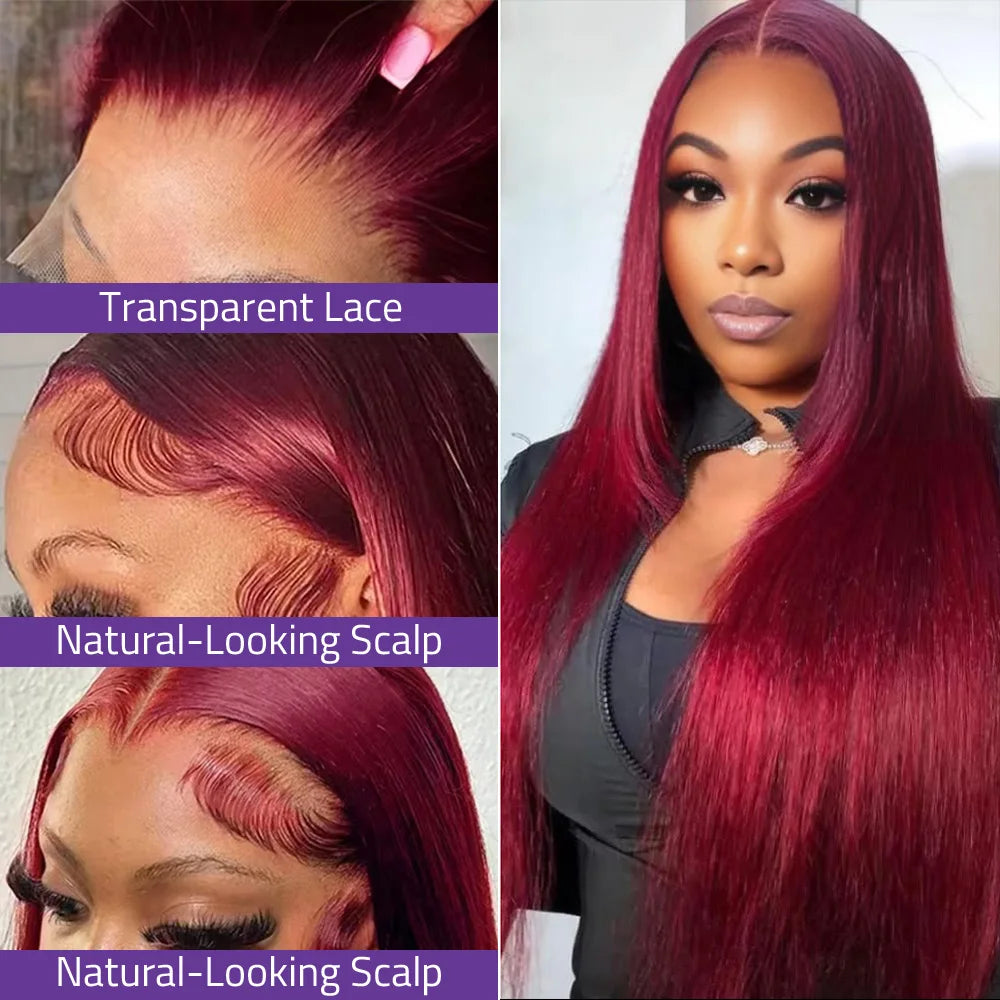 99J Burgundy Bone Straight Transparent Lace Wig 13x4 13x6 HD Lace Front Human Hair Wig Pre-Plucked 18-40 Inch Brazilian Hair Wig
