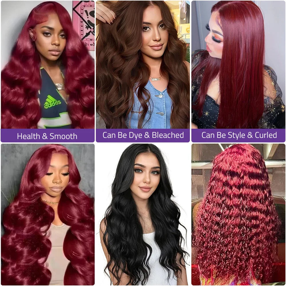 13x6 HD Lace Front Human Hair WigS,#99J Burgundy Pre-plucked Body Wave Human Hair 13x4 Transparent Lace Frontal Wigs For Women.