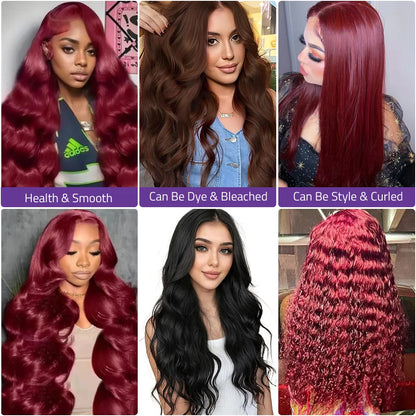 13x6 HD Lace Front Human Hair WigS,#99J Burgundy Pre-plucked Body Wave Human Hair 13x4 Transparent Lace Frontal Wigs For Women.