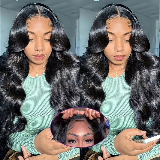 200% Density Body Wave Human Hair Wig with 13x6 HD Lace Front, 13x4 Transparent Frontal, and 5x5 Glueless – Natural Black Color.