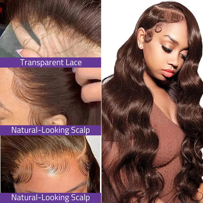 200 Density Chocolate Brown 13X6 HD Trantsparent Lace Frontal Human Hair Wigs 13X4  Lace Front Wigs Body Wave For Women
