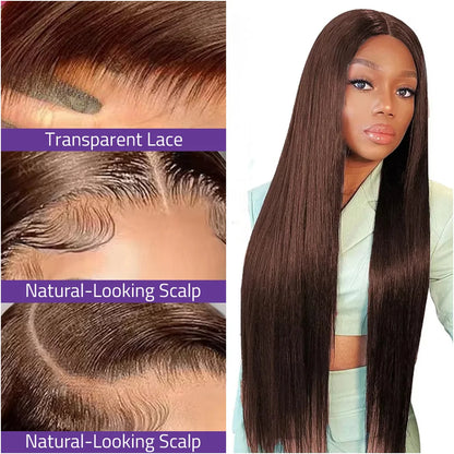 40 Inch Chocolate Brown Straight 13x4 HD Lace Front Wig 100% Human Hair 13x6 Transparent  Lace Frontal Wig Pre-Plucked Brown Wig