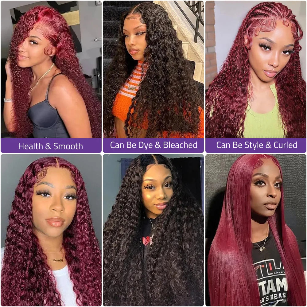 Brazilian Human Hair Lace Wig 99j Burgundy 13x6 Hd Lace Frontal Wig 13x4 Transparent Lace Curly Deep Wave Wig 200% Density.