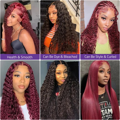 Brazilian Human Hair Lace Wig 99j Burgundy 13x6 Hd Lace Frontal Wig 13x4 Transparent Lace Curly Deep Wave Wig 200% Density.