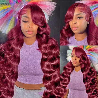 13x6 HD Lace Front Human Hair WigS,#99J Burgundy Pre-plucked Body Wave Human Hair 13x4 Transparent Lace Frontal Wigs For Women.