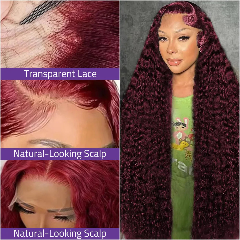 99J Burgundy Human Hair Lace Wig 13x6 Front HD Lace Deep Wave Wig 13x4 Transparent Lace Red Wine color Wig 18-40 Inch For Women