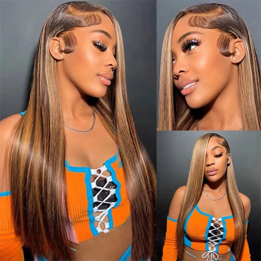 18-40 Inch Highlight 4/27 Bone Straight Wig 13x6 Lace Front Wig 100% Brazilian Human Hair 13x4 Lace Front 200 Density Brown Wig