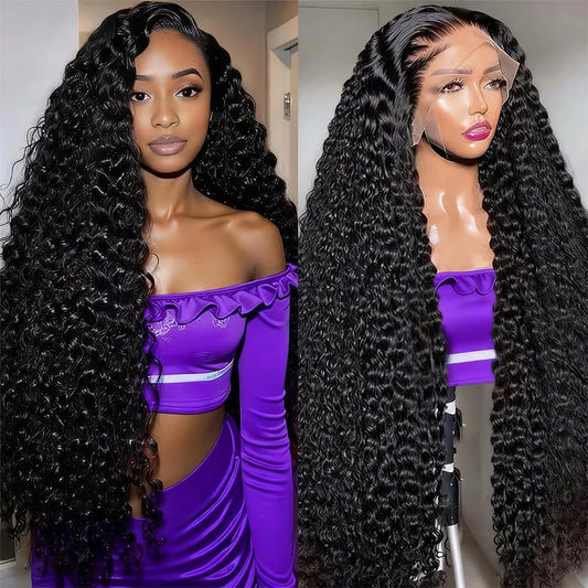 18-40 Inch Black Deep Wave Curly Lace Frontal Wigs 13x6 HD Lace Frontal Wig 100% Brazilian Human Hair Wig 220% Density For Women