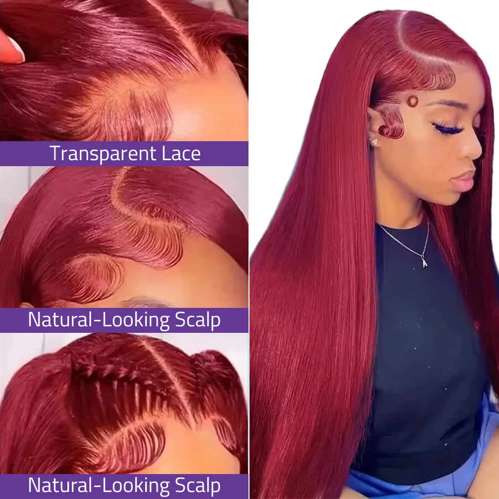 40 Inch Burgundy Brazilian Human Hair Lace Wigs 13X6 Frontal Lace Red 99J Bone Straight Wigs 13x4 HD Lace Highlight Colored Wigs