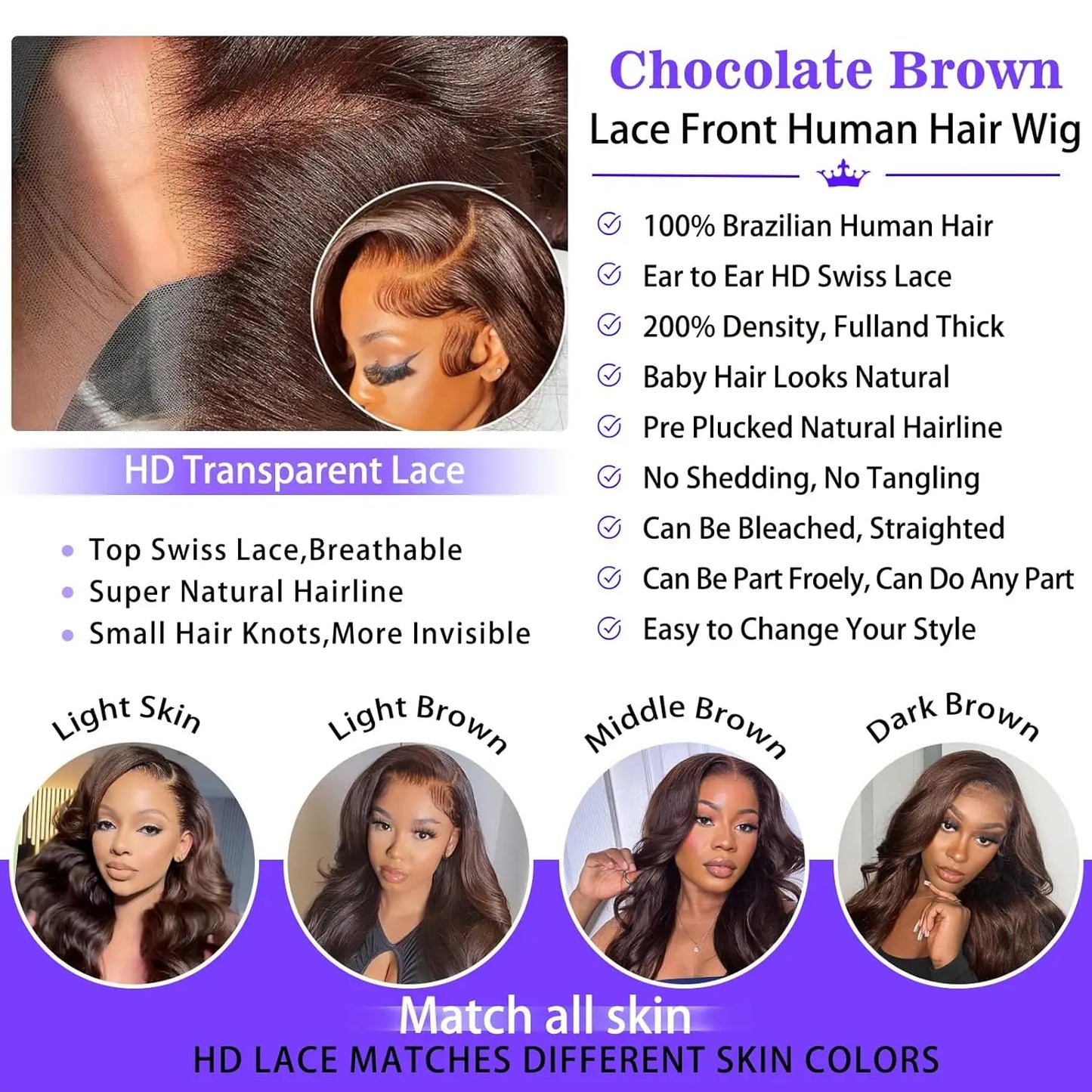 Chocolate Brown Human Hair Wig 200% Density 13X6 Body Wave Lace Front Wigs Human Hair HD Frontal Wig Pre Plucked For Black Women