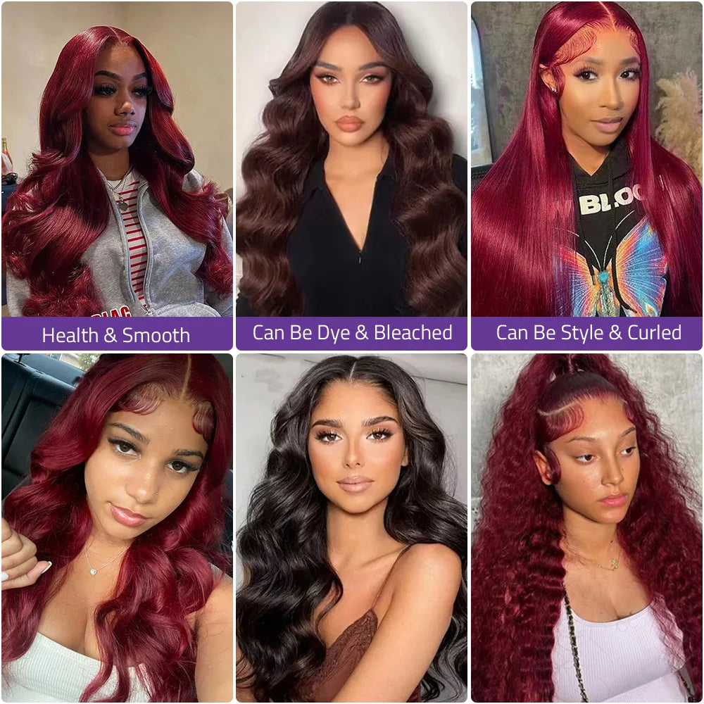 #99J Burgundy Body Wave Lace Wigs 13x6 Transparent Lace Front Human Hair Wigs 40 Inch 13x4 HD Lace Frontal Red Wine Colored Wigs