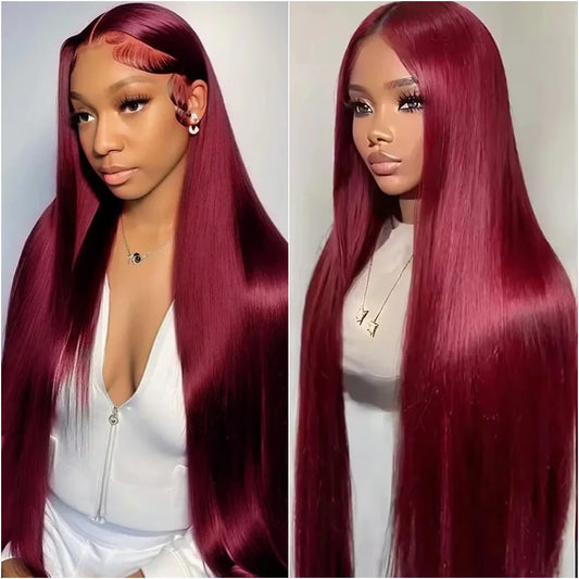 36 Inch Burgundy Wig 13x6 Hd Lace Frontal Human Hair Wig Straight Hair Lace 99J Colored Human Hair Transparent Lace Wig On Sale.